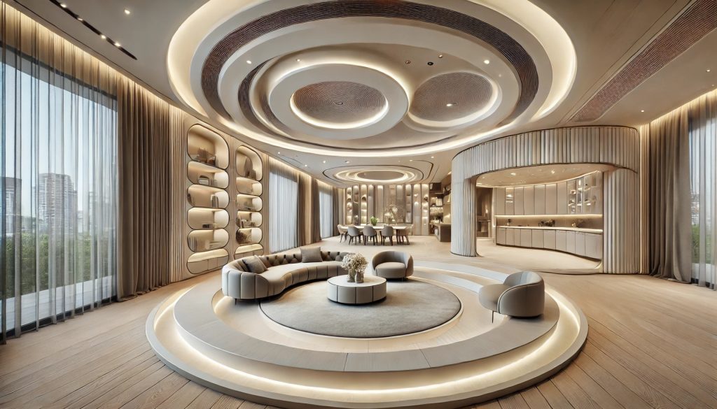 Salón futurista con techos de pladur curvados e iluminación LED en Valladolid.