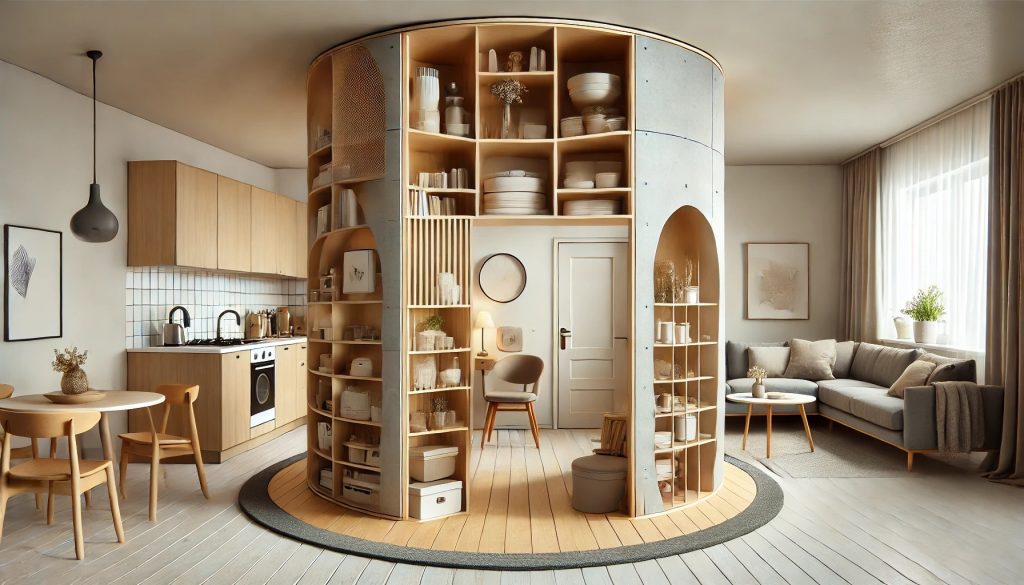 Estructura circular de pladur con estanterías integradas en vivienda de Valladolid.
